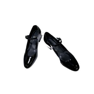24 Retro Mary Jane Single Thick Heel One Word Type Buckle Round Head Mid-Low Heel French Leather Shoes Black Patent Leather Women's Shoes