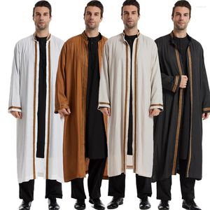 Abbigliamento etnico Uomo Aperto Abaya Musulmano Saudita Jubba Thobe Ramadan islamico Kimono Manica lunga Abito Caftano Dubai Colletto alla coreana Abito arabo