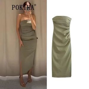 Pokiha Summer Women 2023 Chic Ruched Elegant Tube Tight Holiday Evening Gown Dress Casual Bodycon Strapless Splites Trend 231227