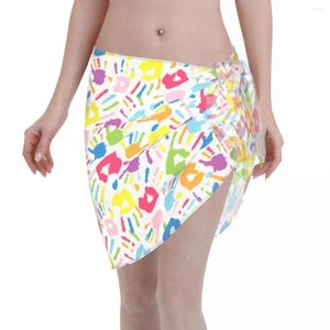 Menas de banho feminina colorida alegre e engraçada impressão de mão Mulheres encobrem chiffon pareo sarongue de praia biquíni ups saias de banho de banho