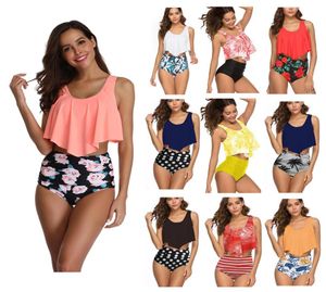 Sexy duas peças maiôs folha de lótus floral conjunto biquíni cintura alta plus size feminino banho biquíni impressão verão beachwear sutiã swimsu5386736