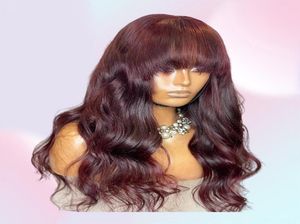 Fringe Body Wave Burgundii Czerwona 99J ludzka peruka włosów z grzywką dla kobiet Malezja 200 Gęstość Kręcona pełna maszyna Made Wigs4344283