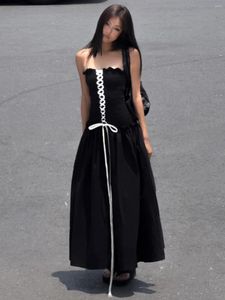 Casual Dresses Niche Design A- Line Dress French Strapless Women's Autumn Lace-up Waist-Controlled Long Skimming Small Black