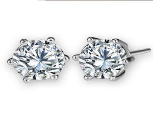 6Prong -inställningar Clear Zircon 18K White Gold Filled Classic Style Women Mens Stud Earrings Simple Gift2264275