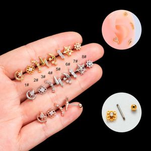 Surgical Stainless Steel Helix Ball Screw Studs Earring Ear Ring New Thin Rod Double Screw Cubic Zircon Small Flower Studs Cartilage Piercing Body Jewelry Bijoux