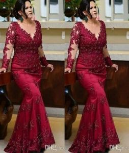 Vintage Burgundy Long Sleeves Prom Mother of the Bride Dresses 2022 Plus size Lace Beaded Sequin Evening Red Carpet Formal Gowns D6995948