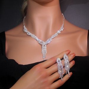 Jóias de jóias de cristal Conjunto de colar de colar de prata Brincos de jóias de casamento para na noiva Damas de noiva Acessórios para pessoas de noiva