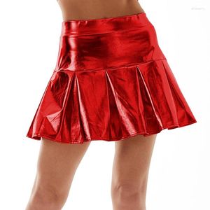 Skirts Sexy Women Silver Ruffles Mini High Waisted Metallic Pleated Skirt PU Leather Casual Party Dance Shiny Holographic