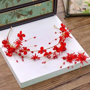 Hårklipp utsökta röda rosblomma tiara och örhängen kinesiska brud bröllop ornament kvinnor kristall hoop pannband