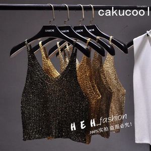 Kvinnors tankar Cakucool Kvinnor Sekvenserad Bling Crop Top Hollow Out Sexig stickad ärmlös T -shirt Backless Club Gold Lurex Tank Tops Camisole