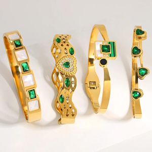 Bangle Emerald Green Zircon rostfritt stål armband för kvinnor chic kärlek hjärta geometrisk guld färg manschett stapel smycken