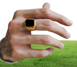 Dignified Black Carnelian Stainless Steel Golden Square Signet Ring for Men Pinky Rings Male Wealth and Rich Status Jewelry6411711