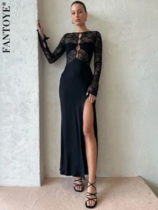 Fantoye Patchwork Sexy See Through Lace Women Maxi Dress Hollow Out High Slit Evening Female Kinny Elegant Party Clubwear 231228