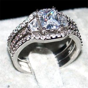 Fashion 10KT White gold filled square shape diamond CZ gemstone Rings sets 3-in-1 Jewelry Cocktail wedding Band Ring finger For Wo286D