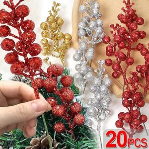 Decorative Flowers 1/20Pcs Glitter Christmas Artificial Berries Gold Powder Red Holly Berry Fake Plant Xmas Tree Ornaments Party Home Decor