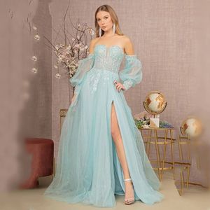 Baby Blue A-line Prom Dress 2024 Sweet Puffy Sleeve Ricamo Perline di pizzo Limo Tulle Abiti da sera formali per feste Vestido De Fieast Robe De Soiree Customed