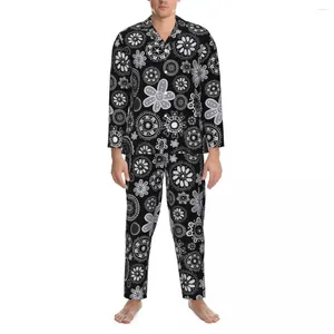 Herren-Nachtwäsche, abstraktes Ditsy-Blumen-Pyjama-Set, Frühling, Schwarz, Weiß, bequem, für den Alltag, 2-teilig, lässig, übergroß, individuelle Nachtwäsche