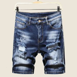 Novos homens graffiti rasgado verão moda jeans curtos casual magro grande buraco estilo retro denim shorts masculino roupas de marca