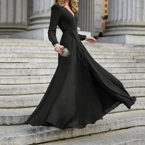 Casual Dresses Women Sexy Formal Maxi Dress V Neck Belted Long Sleeve Solid Color Split Hem Bandage Office Ladies Evening Party Prom Gown