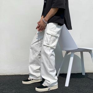 Черные белые повседневные брюки мужская мода с прямой широкой ногой мужская уличная одежда хип -хоп карманные грузы мужские брюки 231227