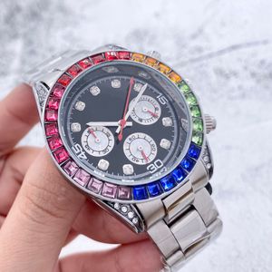 Zegarek męski Rose Gold Iced Męskie zegarek Three Eyes Rainbow Diamond Watch Męskie okrągłe okrągłe stal ze stali nierdzewnej 904L zegarek