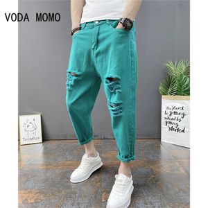 Japanese Trend Men's Ripped Hole Jeans White Green Black Ankle Length Youth Fashion Loose Denim Harem Cargo Pants 231228