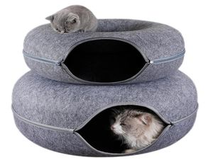 Cat Toys Donut Tunnel Bed Pets House Natural Felt Pet Cave Round Wool för små hundar Interactive Play Toycat2940721