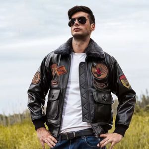 American Retro Fur Collar Men's Top Layer Cowhide Embroidery Air Force G1 Pilot Suit Leather Jacket Large Size