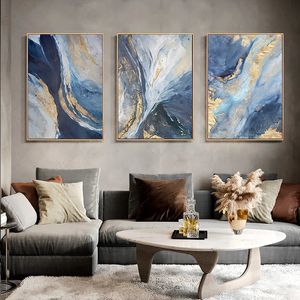 Gold Luxus Leinwand Gemälde Wandkunst Bild Abstrakt Minimalist Blau Hintergrund Poster und Druck Home Decor Wohnzimmer Design 231228