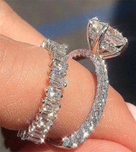 Unikalne luksusowe biżuterię Pierścienie 925 Sterling Silver Princess White Topaz CZ Diamond Stones Kobiet Wedding Bridal Ring Set9586646