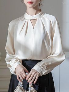 Women's Blouses Womens French Elegant Puff Sleeve Hanging Neck Shirt Solid Loose Fit Advanced Sense Temperament Silk Satin Top 2023