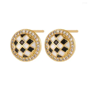 Stud Earrings Y2K Black White Stripes Lattice Earring With Crystal Stone High Quality 18K Gold Plated For Women Fine Jewelry Gift