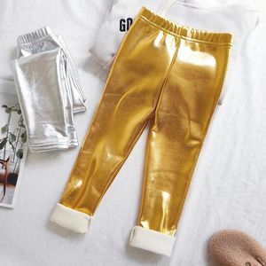 Byxor förtjockar byxor för flickor Autumn Winter Glossy Metallic Fleece Plus Warm Leggings Children Slim Silvery Golden Kids Pant