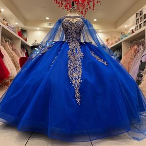 Niebieska suknia balowa sukienki Quinceanera z Cloak Cape Cathedral Train Applique koronkowy Tull Floral Corset Vestidos de xv 15 anos