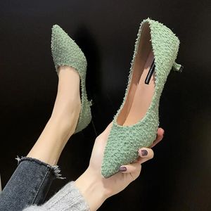 Botlar Kadın Moda Hafif Ağır Yeşil Slip Üzerinde Stiletto Topuklu Ofis Klasik Yaz Bej Partisi Yüksek Topuk Ayakkabı Zapatos G6132