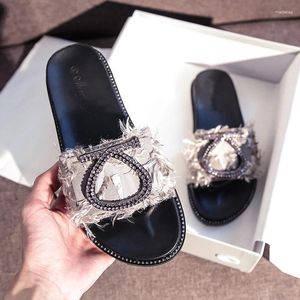Sandals Ins Trendy Cloth Flocky Shoes Woman Crystal Heart-Shape Buckle Flipflops Femme Cozy Slides Thicken Rubber Soled Slippers