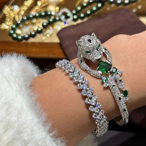 Bulgarie Carer Pulseira original de designer de luxo brilhante luxo mancha preta leopardo cheio de diamante ultra pesado indústria pulseira verde zircão pulseira aberta de alta qualidade