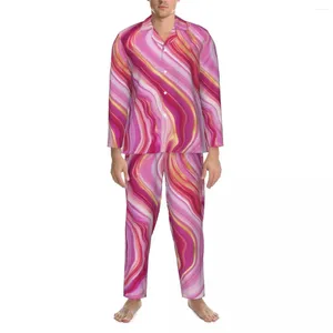 Pijama de mármore de roupas de sono masculina sets de pijama primavera rosa líquido quente noite mulher 2 peças