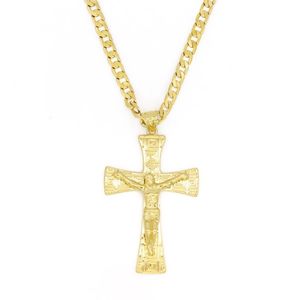 Solid 10k Yellow Gold Filled Jesus Wide Cross Charm Big Pendant 55 35mm med 24 Miami Cuban Chain 600 5mm3201