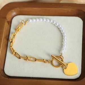 Charm Bracelets Minar Hip Hop Rock Imitation Pearl Link Chain Beaded Bracelet For Women 18K Gold PVD Plated Titanium Steel Heart