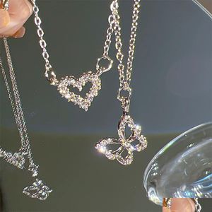 Chokers 17Km Fashion Butterfly Heart Zircon Necklace For Women Girls Sier Color Shiny Love Clavicle Chain Necklaces Trend Jewelry Dr Dhjqb