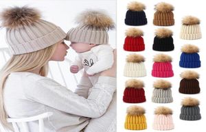 2st Parentchild Ribbed Sticked Beanie Hat Set Mother Baby Family Winter Pom Pom Pom Warmer Solid Color Cuffed Skull Cap69190076681228