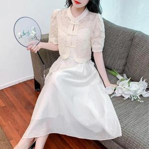 Sukienki imprezowe Summer 2023 Styl chiński guziki haft hubble-bubble rękaw Krótki akapit Dwa garnitury żeńska sukienka z paskiem w talii