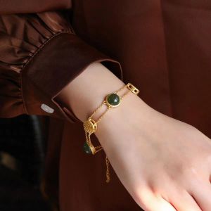 Original 14k Yellow Gold Hetian Jade Antique Bracelet Creative All-Match Auspicious Fu Character Female Temperamental Brace