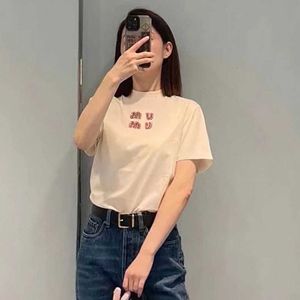 South Oil High Edition Miu Home T-shirt 24 Spring Letter Casual Slimming Front Diamond Short Sleeved Top for Women