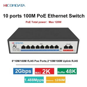 Hicomdata 10 portas 100m poe switch 100mbps 8 poe + 2 uplinks switch ethernet ieee802.3af/at 120w potência integrada para câmera ip
