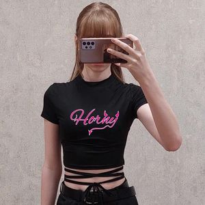 Damen-T-Shirts, schöne Frauen, schwarze kurze T-Shirts, lustige geile Buchstaben, bauchfreie Tops, sexy Ärmel, Verband-T-Shirt, weibliche Gilrs-Kleidung