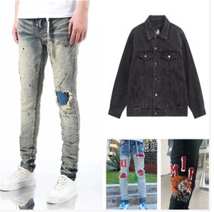 Lila jeans designer för mens högkvalitativa mode cool stil byxa nödbiten rippad cyklist svart blå jean smal passform