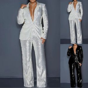 Kadın Takım Seti Sequin 2 Parçası Pantolon Çentik Yoks İnce Fit Resmi Smokin Takım Setleri 231228