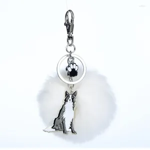 Anahtarlıklar kürk pompom sınır collie anahtar zincirleri kadınlar için alaşım pom top köpek kolye çanta çekicilik anahtarlık arabası anahtarlık yüzüğü